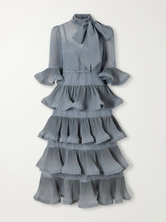Zimmermann Pussy-bow Ruched Tiered Plissé Organza Midi Dress