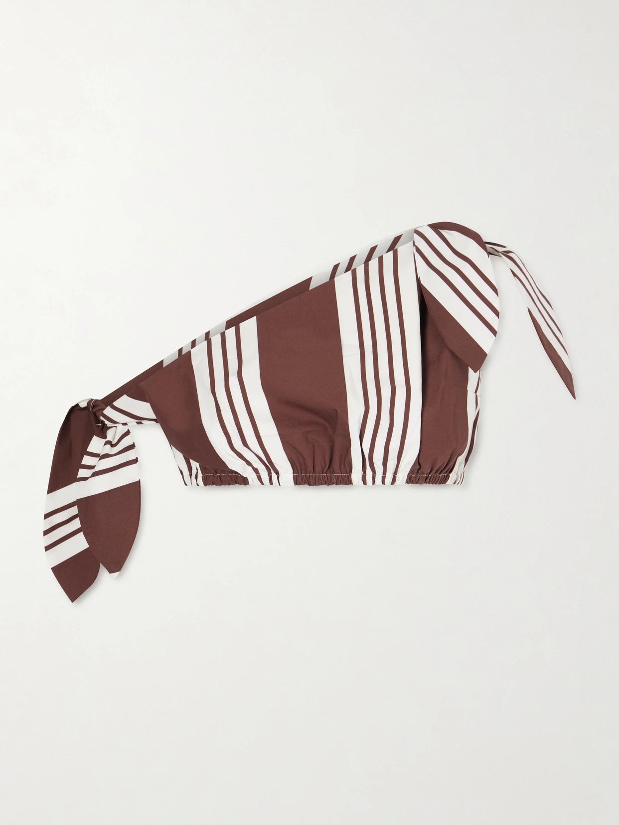 Image of a model wearing Tops. Product name - Rosie One-shoulder Cropped Striped Cotton-poplin Top in Brown colour by brand - Posse