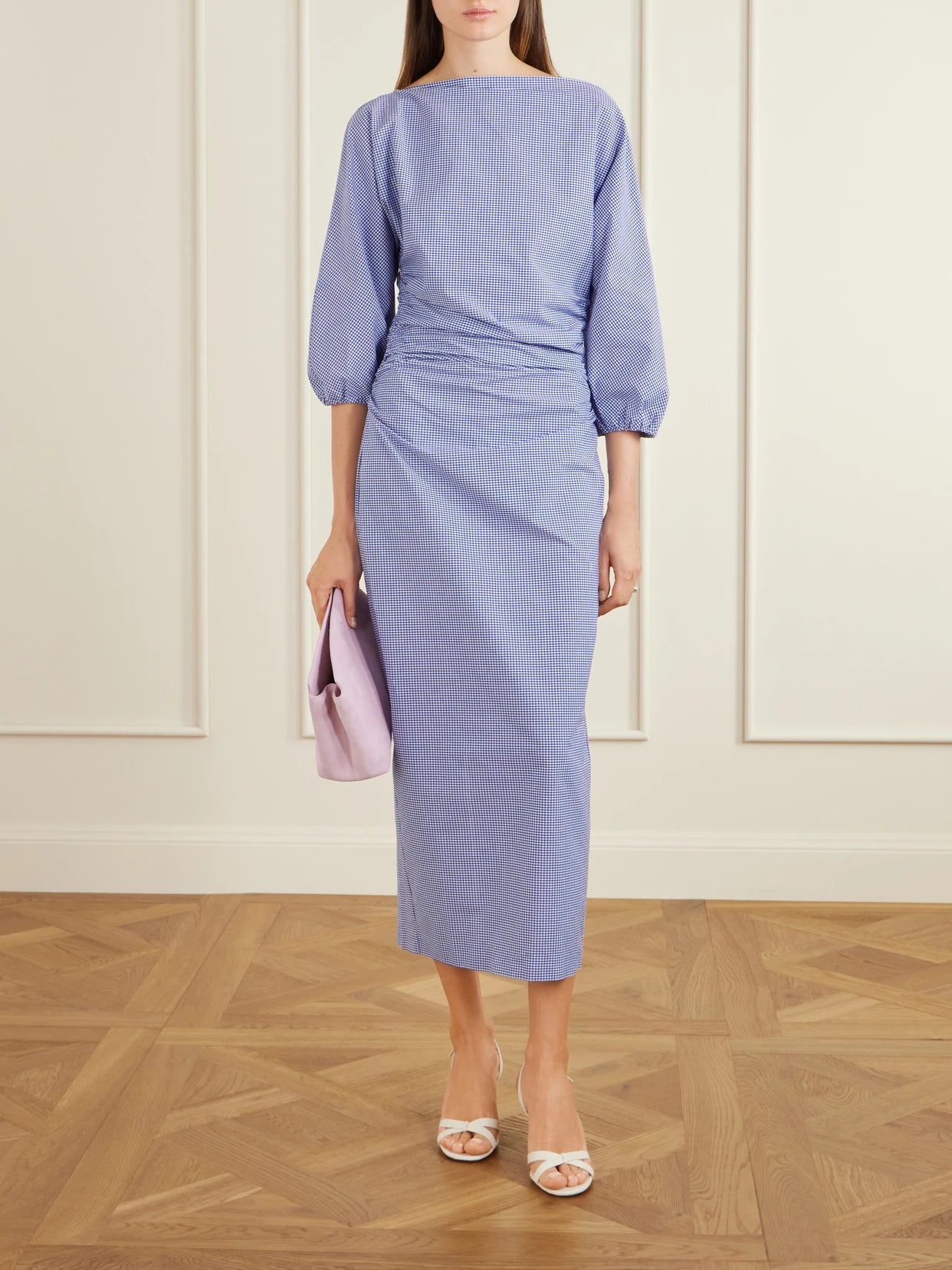Image of Dresses. Product name - Checked Cotton Midi Dress in Blue colour by brand - BERNADETTE