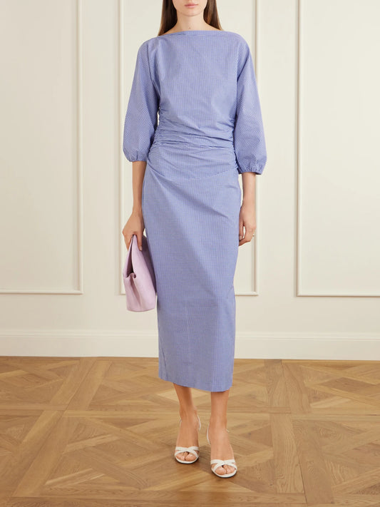 Image of Dresses. Product name - Checked Cotton Midi Dress in Blue colour by brand - BERNADETTE