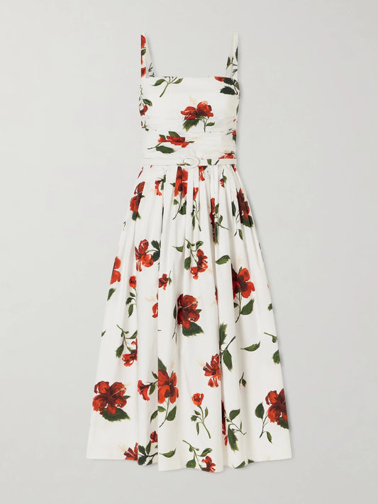 Image of Dresses. Product name - Belted Pleated Floral-print Cotton-blend Poplin Midi Dress in White colour by brand - Oscar de la Renta