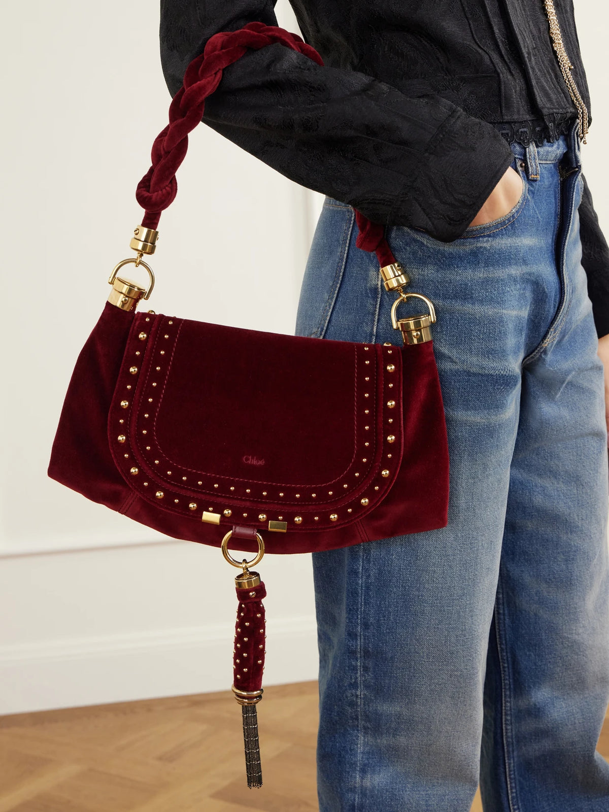 Image of Bags. Product name - Marcie Foulard Studded Tasseled Velvet Shoulder Bag in Burgundy colour by brand - Chloé