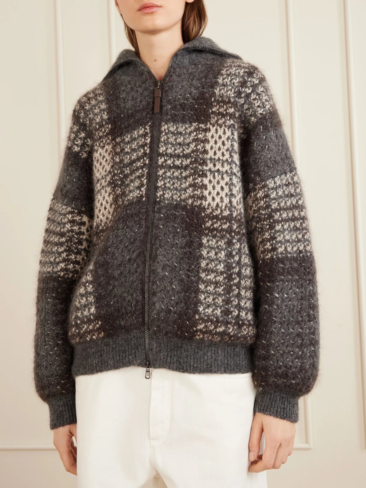 Sequin-embellished Checked Woven Jacket