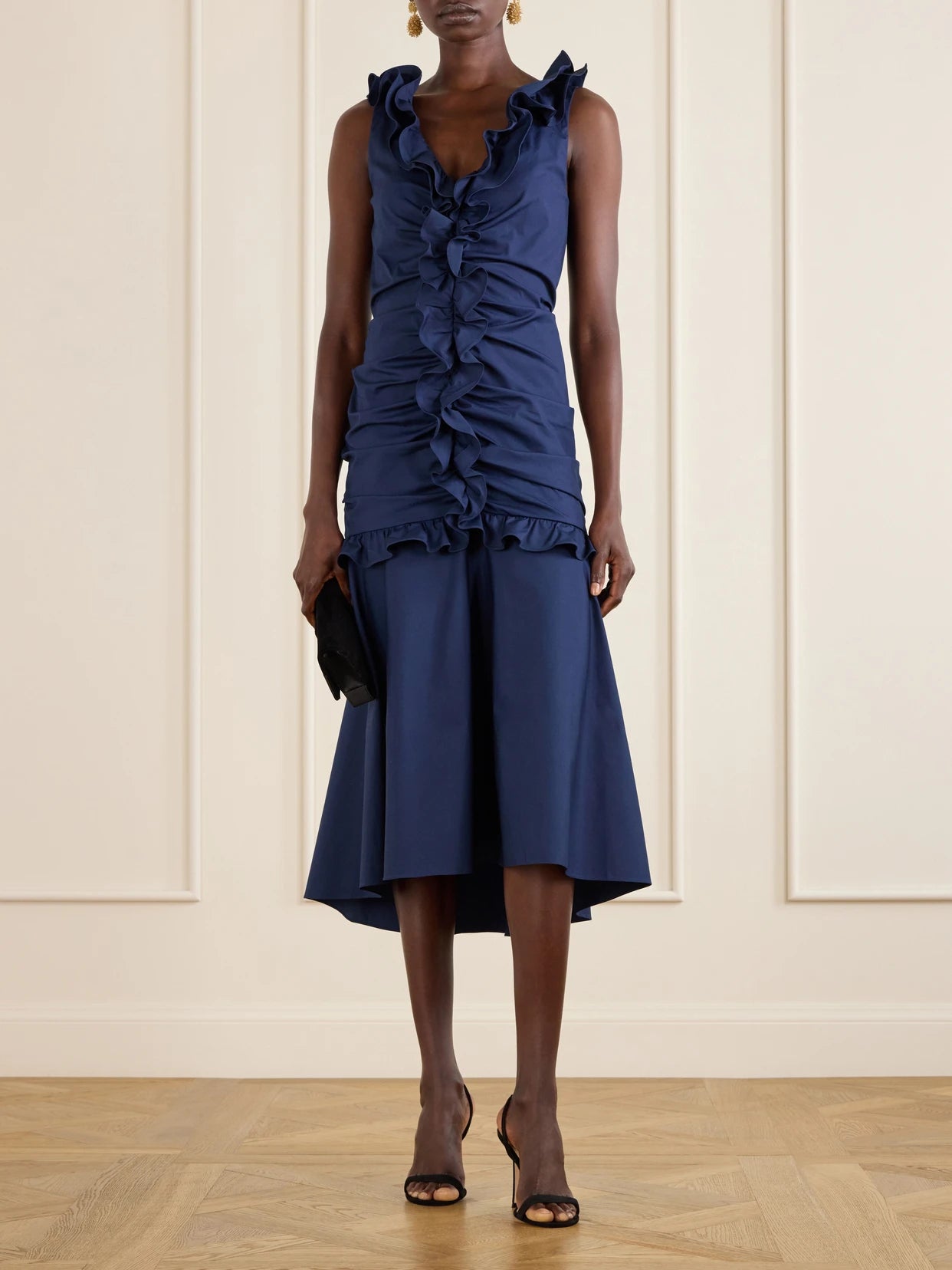 Image of Dresses. Product name - Ruched Ruffled Cotton-blend Midi Dress in Navy colour by brand - Carolina Herrera