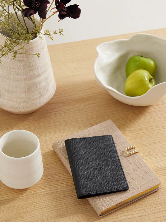 Image of Decor. Product name - Panama Textured-leather Passport Holder in Black colour by brand - Smythson