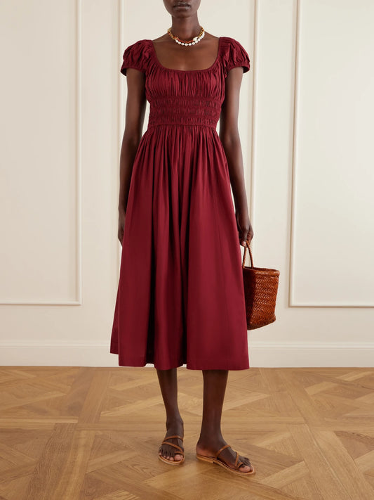 Image of Dresses. Product name - Quinley Shirred Organic Cotton-voile Midi Dress in Burgundy colour by brand - DÔEN