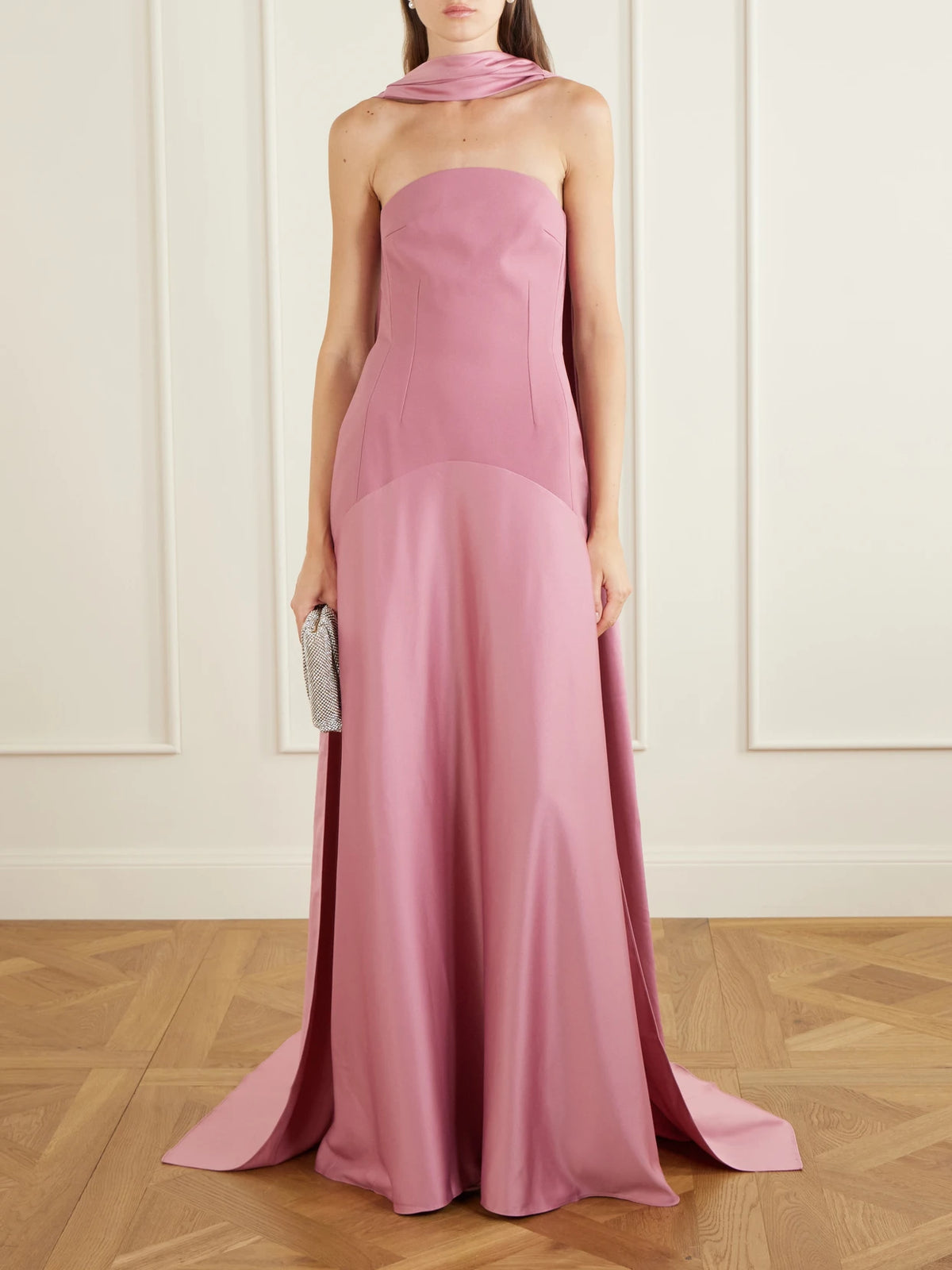 Image of Dresses. Product name - Mae Scarf-detailed Satin-trimmed Crepe Gown in Pink colour by brand - Solace London
