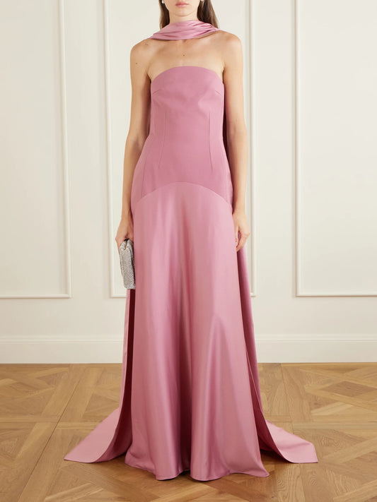 Image of Dresses. Product name - Mae Scarf-detailed Satin-trimmed Crepe Gown in Pink colour by brand - Solace London