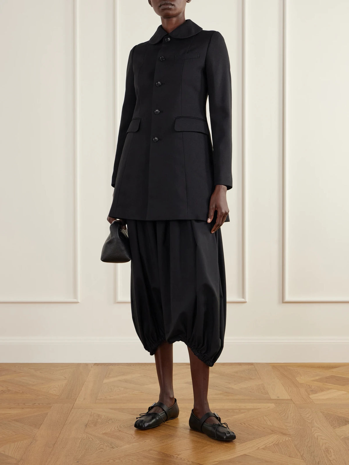 Image of Coats & Jackets. Product name - Tulle-trimmed Gabardine Coat in Black colour by brand - Comme des Garçons GIRL