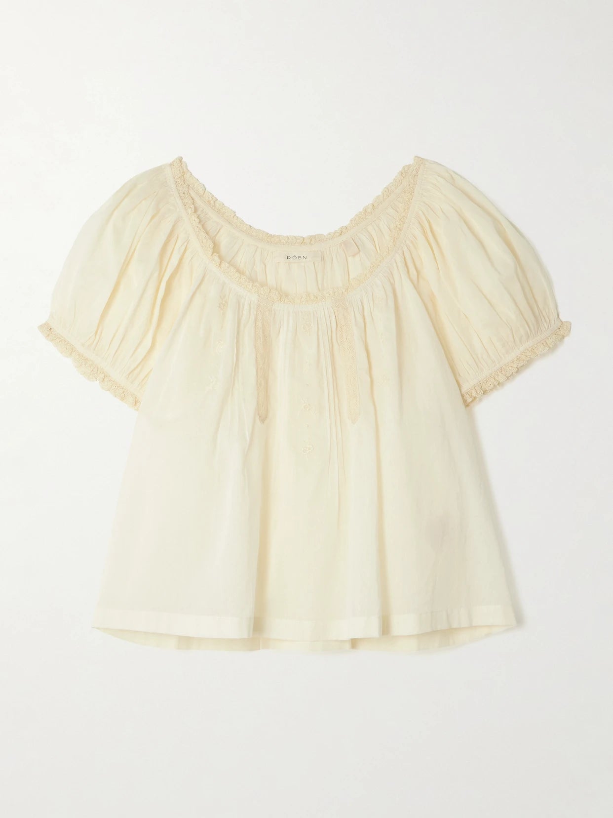 Image of a model wearing Tops. Product name - Frederica Lace-trimmed Organic Cotton-voile Blouse in Pastel yellow colour by brand - DÔEN