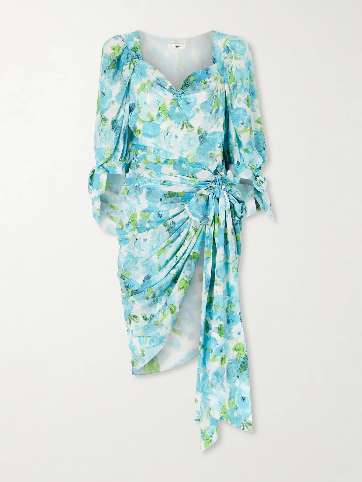 Image of Dresses. Product name - Draped Floral-print Silk Mini Dress in Blue colour by brand - Chloé