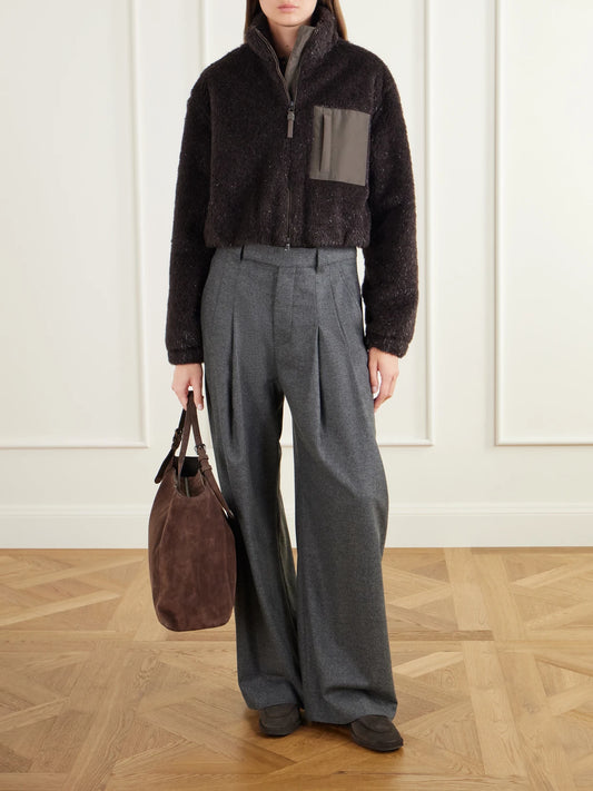 Image of Coats & Jackets. Product name - Bead-embellished Cropped Padded Leather And Shell-trimmed Plush Jacket in Dark brown colour by brand - Brunello Cucinelli