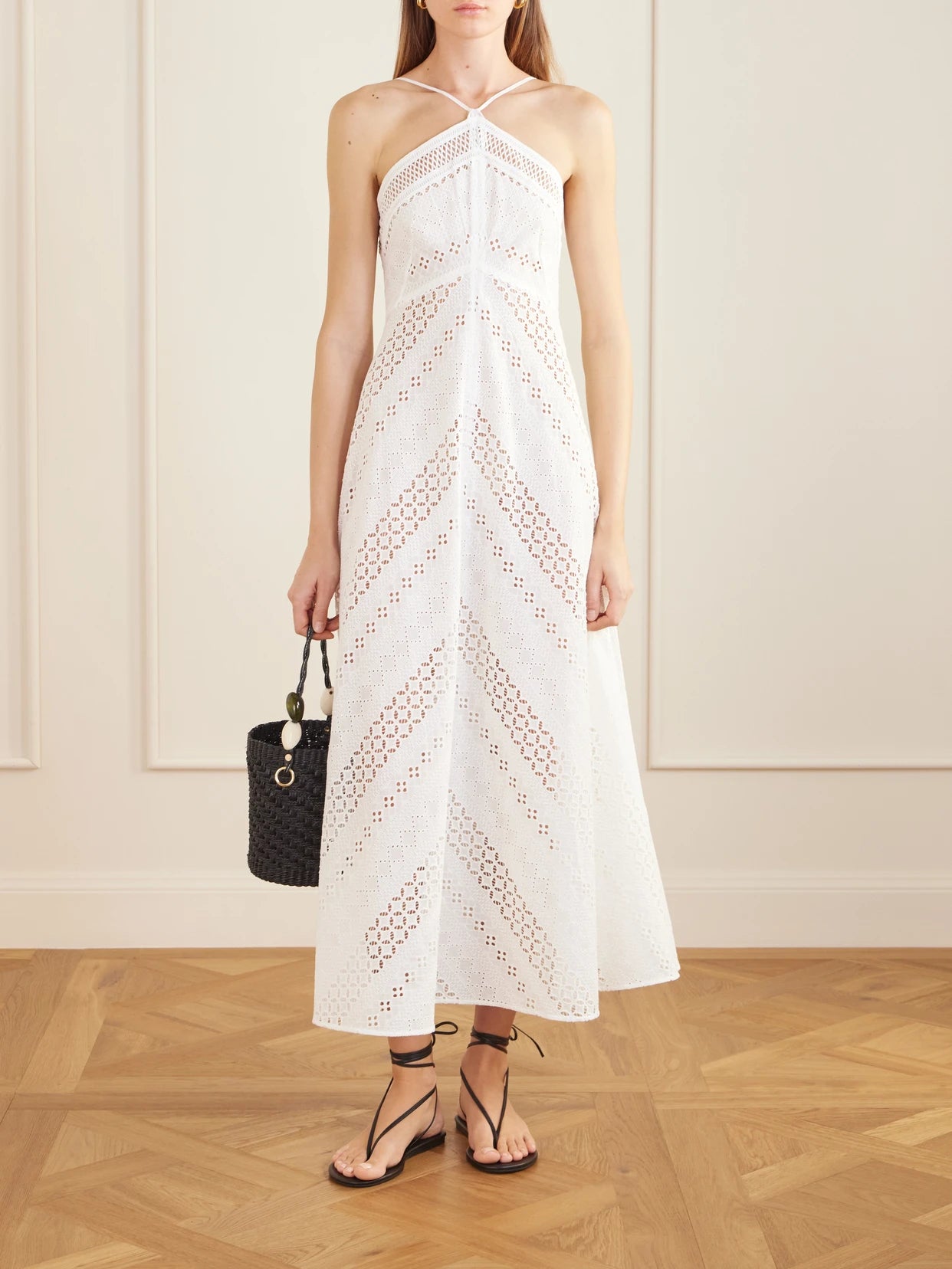 Image of Dresses. Product name - Castiglione Broderie Anglaise Cotton Halterneck Midi Dress in White colour by brand - Loretta Caponi