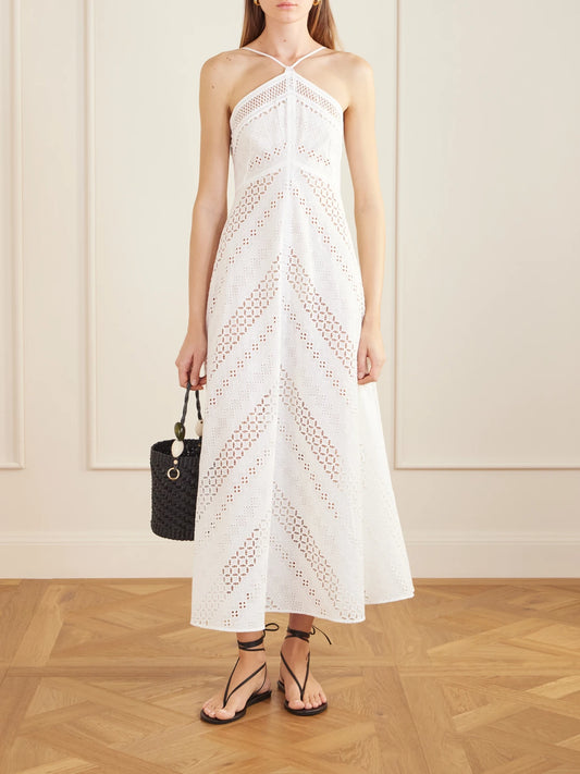 Image of Dresses. Product name - Castiglione Broderie Anglaise Cotton Halterneck Midi Dress in White colour by brand - Loretta Caponi