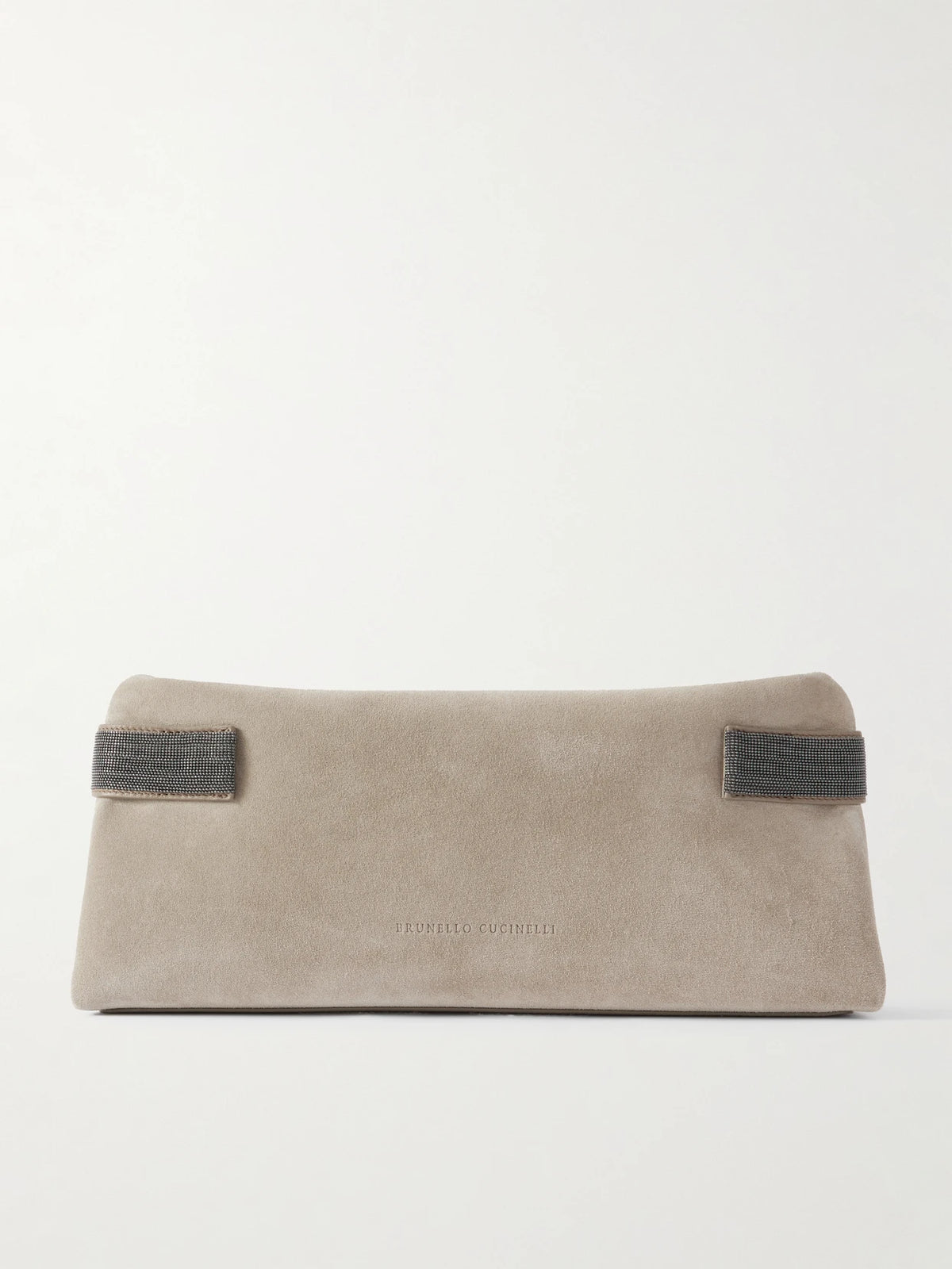 Bead-embellished Leather-trimmed Suede Clutch