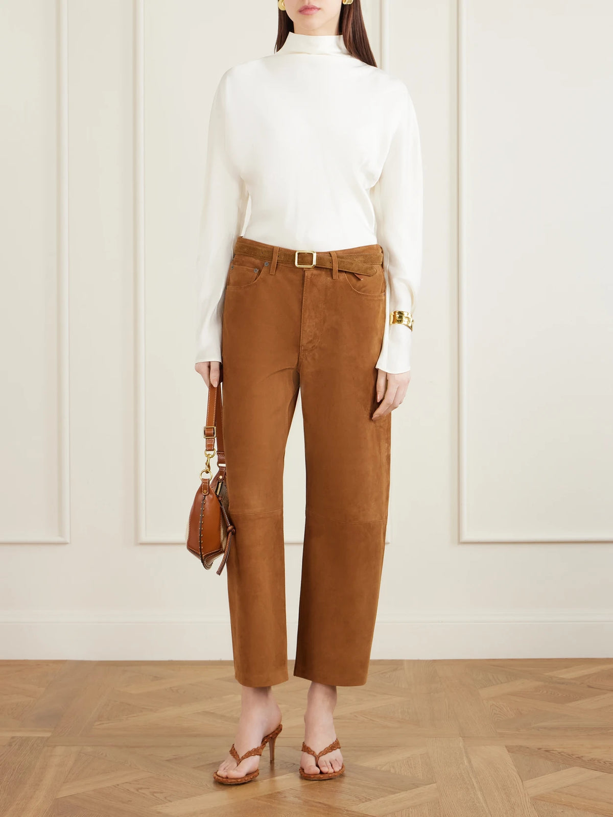 Image of Heels. Product name - 70 Whipstitched Leather-trimmed Suede Sandals in Tan colour by brand - Gianvito Rossi