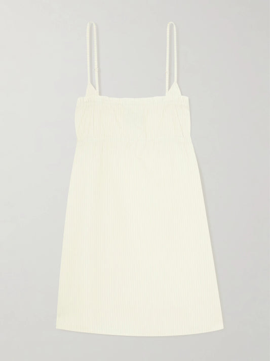 Image of Dresses. Product name - Edge Striped Organic Cotton Mini Dress in Yellow colour by brand - Deiji Studios