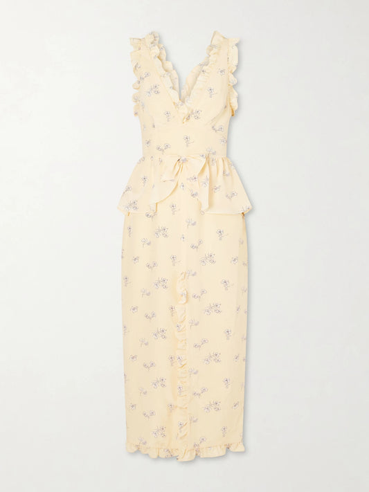 Image of Dresses. Product name - Bow-embellished Floral-print Silk Midi Dress in Yellow colour by brand - Alessandra Rich