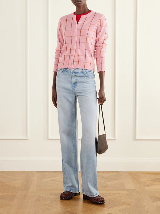 Image of a model wearing Outerwear. Product name - Jane Checker Cashmere Cardigan in Pink, Blue colour by brand - Guest In Residence