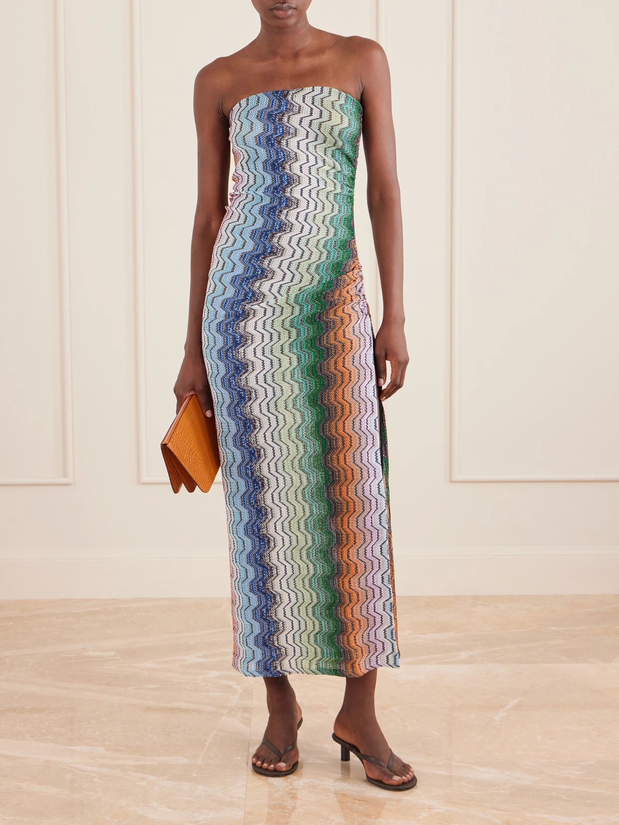 Image of Dresses. Product name - Strapless Striped Metallic Crochet-knit Coverup in Blue colour by brand - Missoni