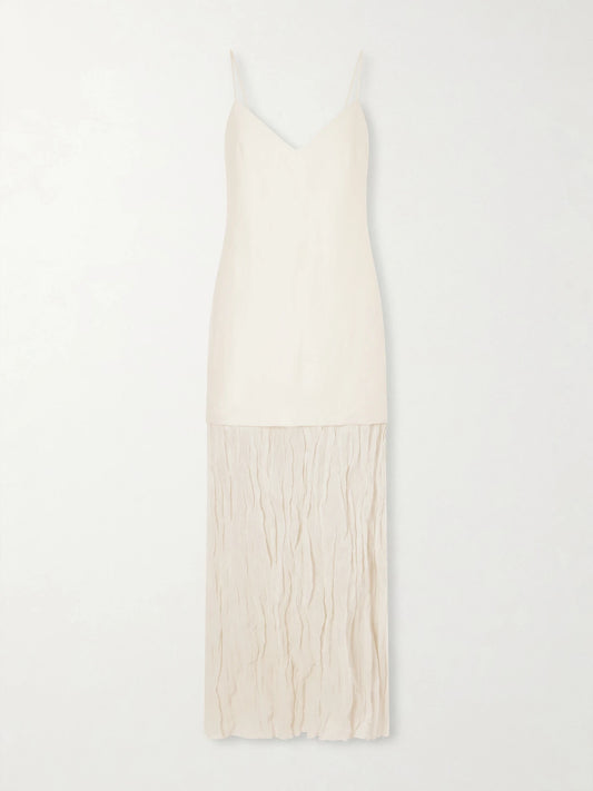 Image of Dresses. Product name - Linen-blend And Chiffon Midi Dress in Cream colour by brand - RÓHE