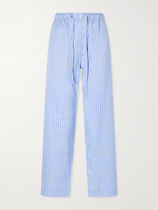 Image of Lingerie. Product name - Sateen Striped Cotton-poplin Pajama Pants in Blue colour by brand - TEKLA