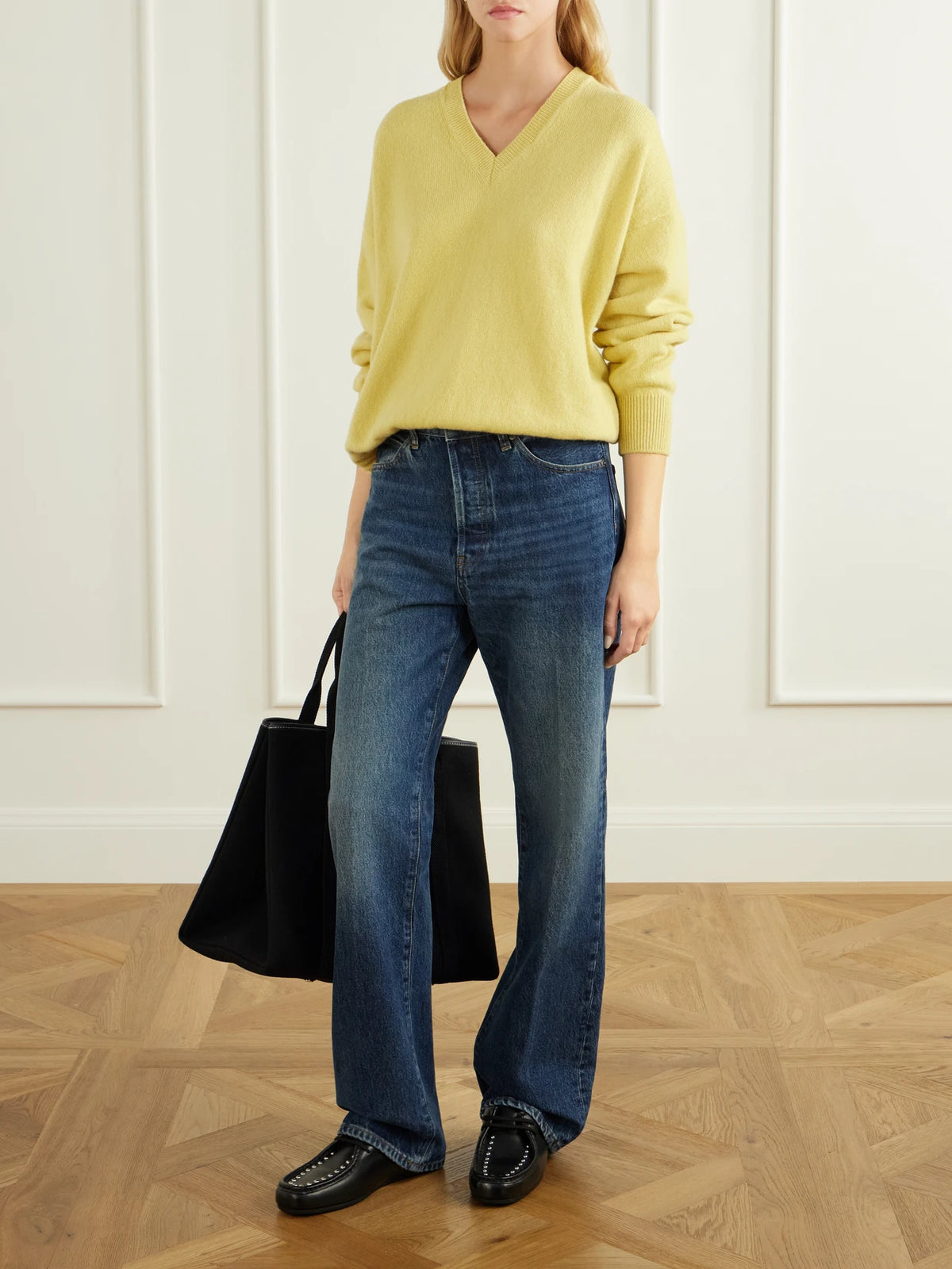 Image of a model wearing Outerwear. Product name - Innes Wool Sweater in Yellow colour by brand - &Daughter