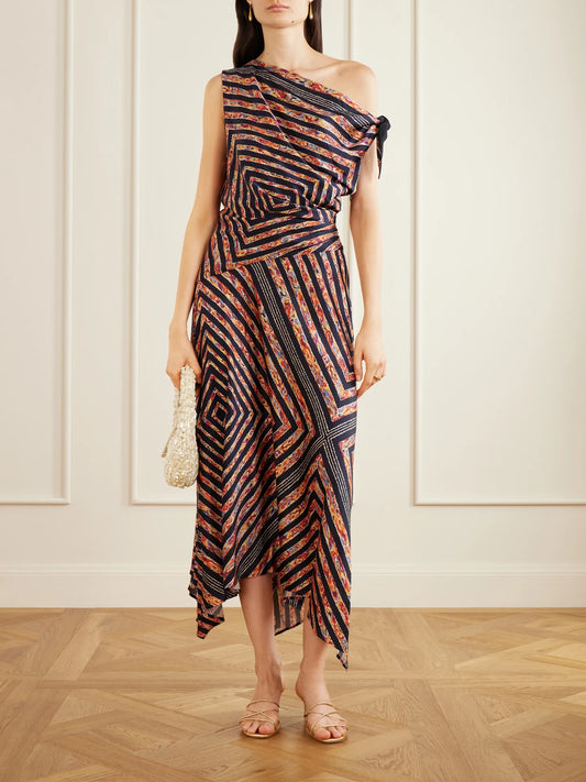 Image of Dresses. Product name - Portia Ruched Printed Silk-blend Midi Dress in Multi colour by brand - STAUD