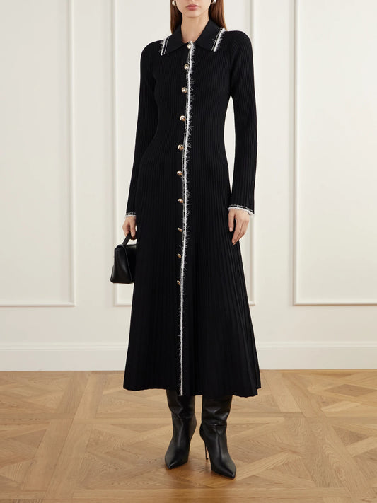 Image of Dresses. Product name - Orelia Eyelash-trimmed Ribbed Midi Dress in Black colour by brand - SIMKHAI