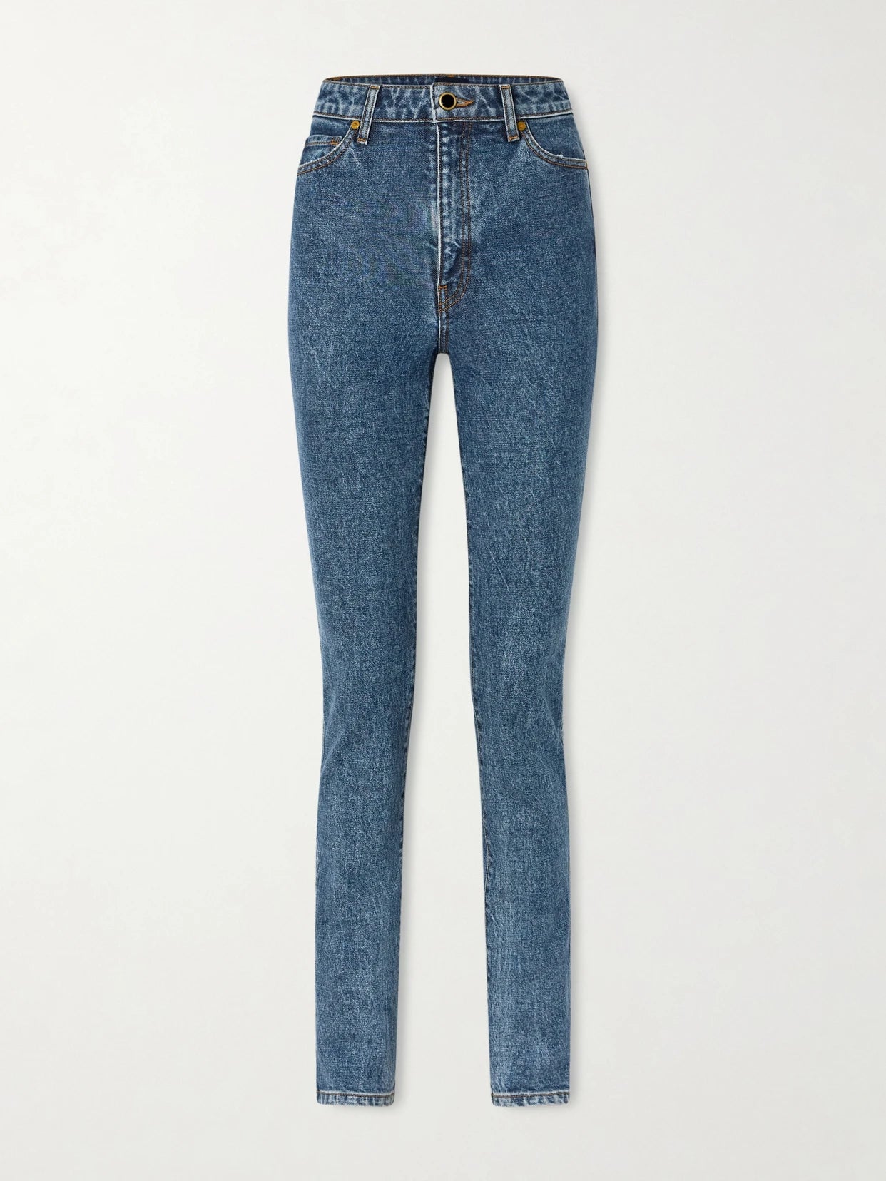 Image of Jeans. Product name - Daria High-rise Slim-leg Jeans in Mid denim colour by brand - KHAITE