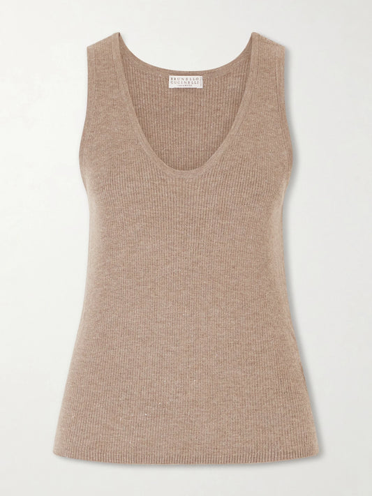 Image of a model wearing Outerwear. Product name - Ribbed-knit Tank in Brown colour by brand - Brunello Cucinelli