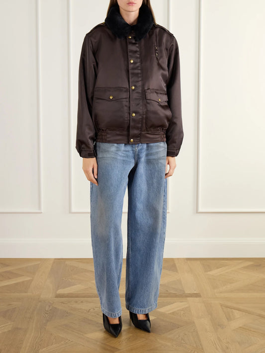 Image of Coats & Jackets. Product name - Uniform Plush-trimmed Twill Bomber Jacket in Dark brown colour by brand - Willy Chavarria