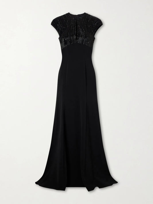 Image of Dresses. Product name - Moonveil Embellished Georgette-crepe Gown in Black colour by brand - Jenny Packham