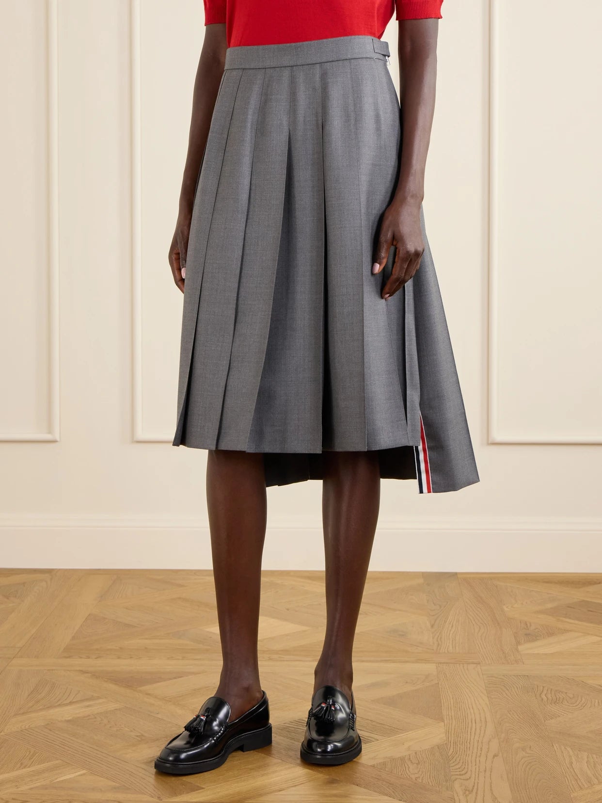 Asymmetric Grosgrain-trimmed Pleated Wool Midi Skirt