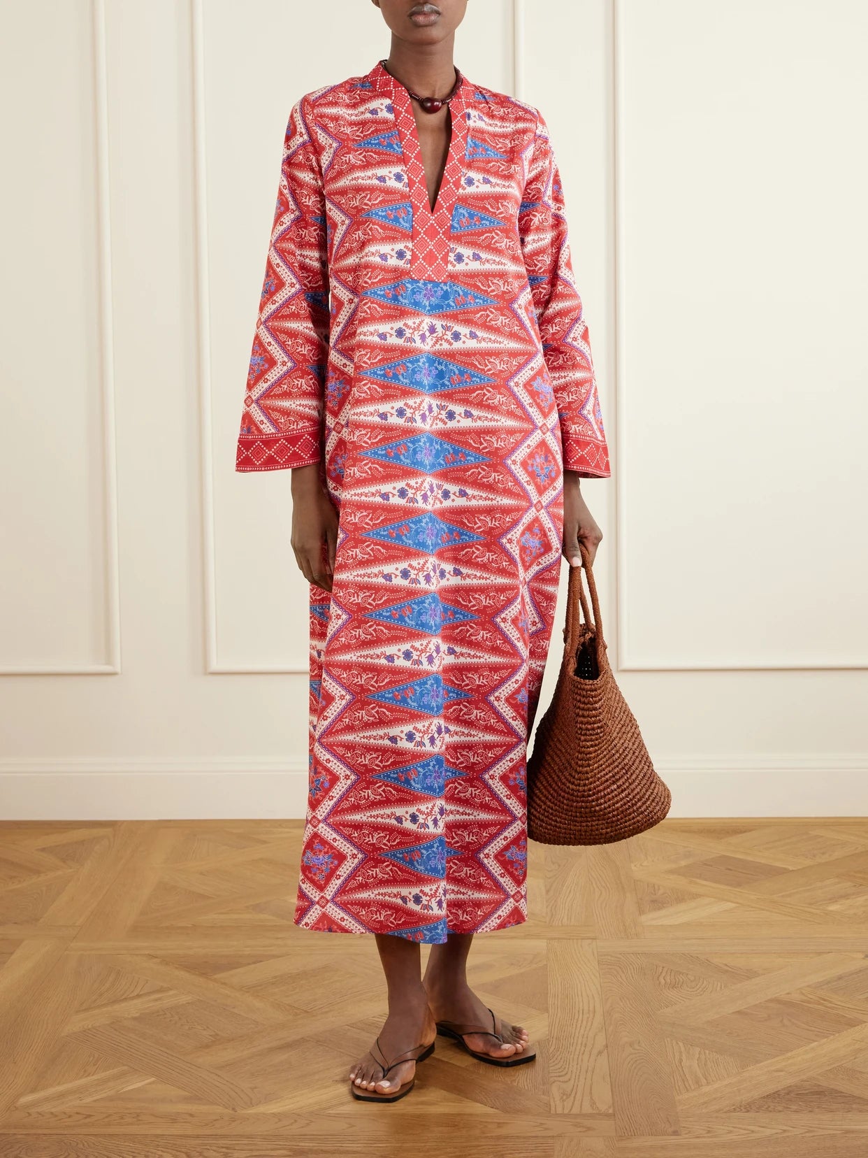 Image of Dresses. Product name - Jenna Printed Cotton-voile Coverup in Red colour by brand - Emporio Sirenuse