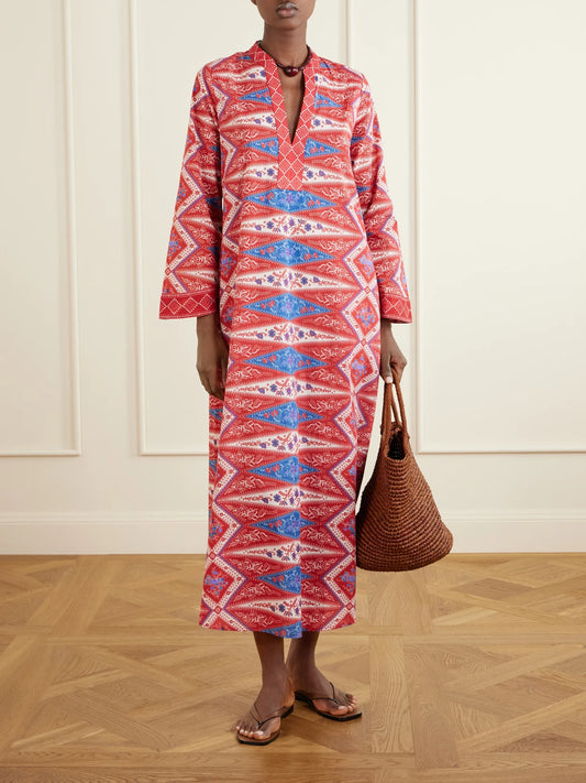 Image of Dresses. Product name - Jenna Printed Cotton-voile Coverup in Red colour by brand - Emporio Sirenuse