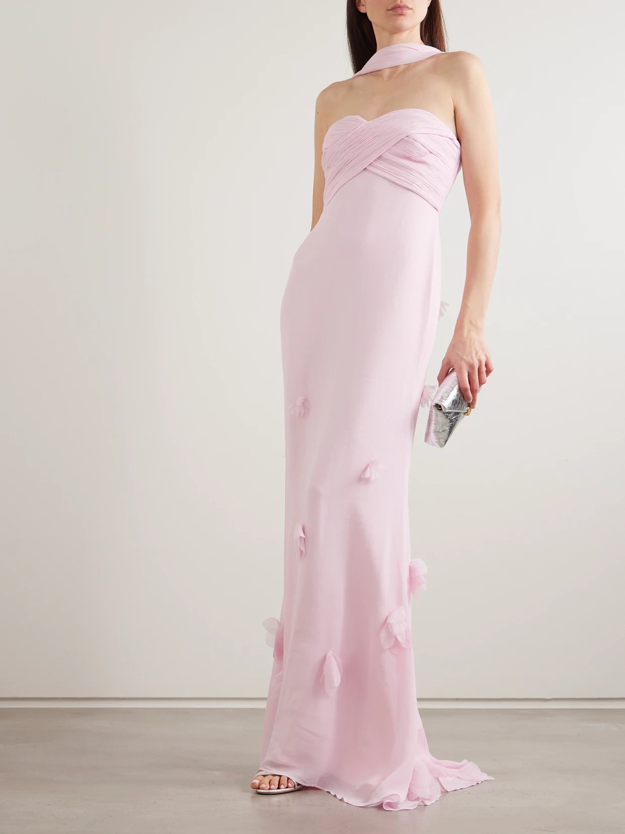 Image of Dresses. Product name - Scarf-detailed Strapless Appliquéd Georgette Gown in Pink colour by brand - Self-Portrait