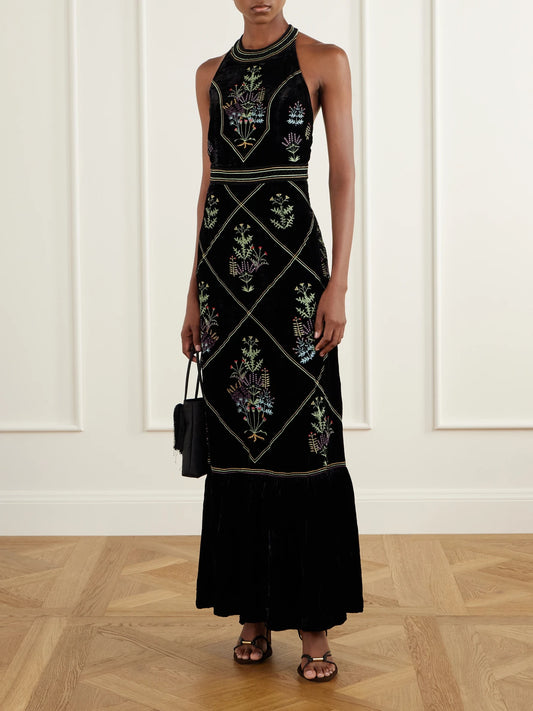 Image of Dresses. Product name - Chantal Agra Flower-embroidered Velvet Midi Dress in Black colour by brand - Emporio Sirenuse