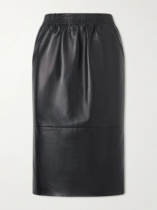 Image of a model wearing Skirts. Product name - Gathered Leather Skirt in Black colour by brand - Chloé