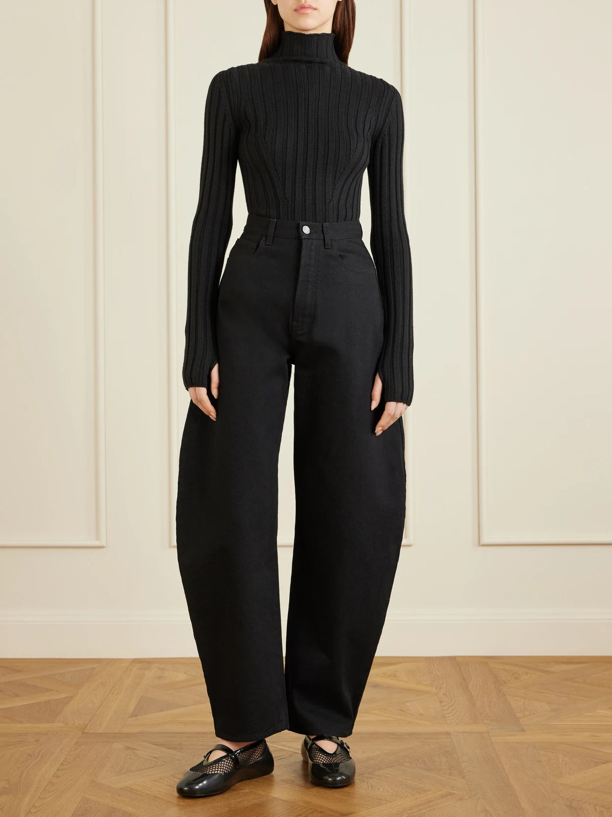 Image of Flats. Product name - Patent Leather-trimmed Mesh And Rubber Ballet Flats in Black colour by brand - Alaïa