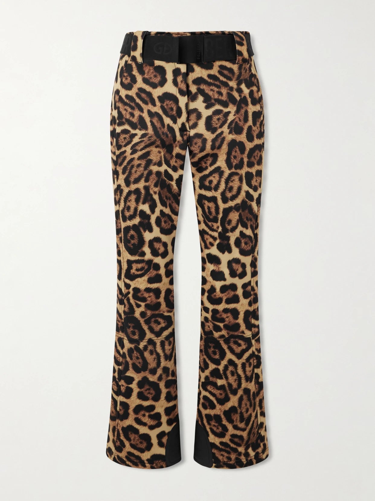 Image of a model wearing Pants. Product name - Minou Belted Leopard-print Ski Pants in Leopard print colour by brand - Goldbergh