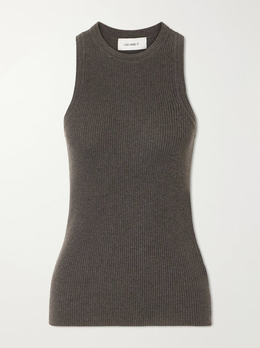 Image of a model wearing Tops. Product name - Amya Ribbed Cotton And Cashmere-blend Tank in Brown colour by brand - LISA YANG