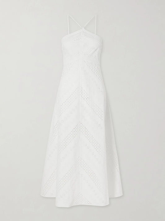 Image of Dresses. Product name - Castiglione Broderie Anglaise Cotton Halterneck Midi Dress in White colour by brand - Loretta Caponi