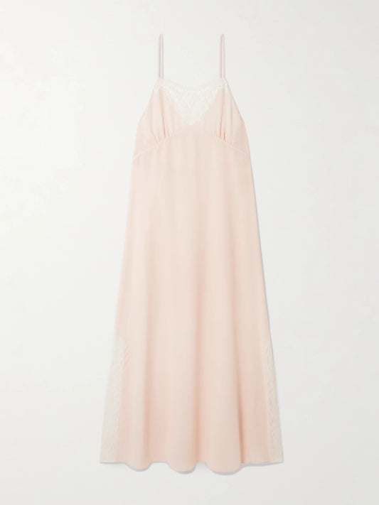 Image of Dresses. Product name - Lace-trimmed Silk Crepe De Chine Maxi Dress in Pink colour by brand - Chloé