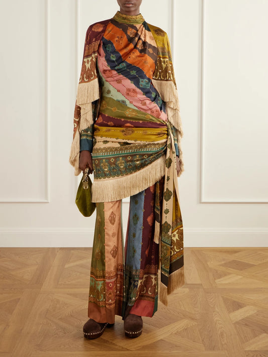 Image of Dresses. Product name - Valiant Cape-effect Tie-detailed Fringed Printed Silk-satin Mini Dress in Multi colour by brand - Zimmermann