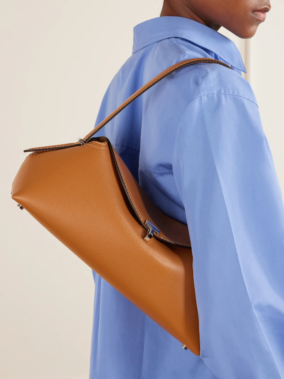 Image of Bags. Product name - T-lock Full-grain Leather Shoulder Bag in Tan colour by brand - TOTEME