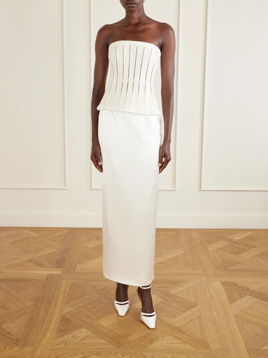 Image of a model wearing Skirts. Product name - Tristan Silk And Wool-blend Satin Maxi Skirt in Off-white colour by brand - Danielle Frankel