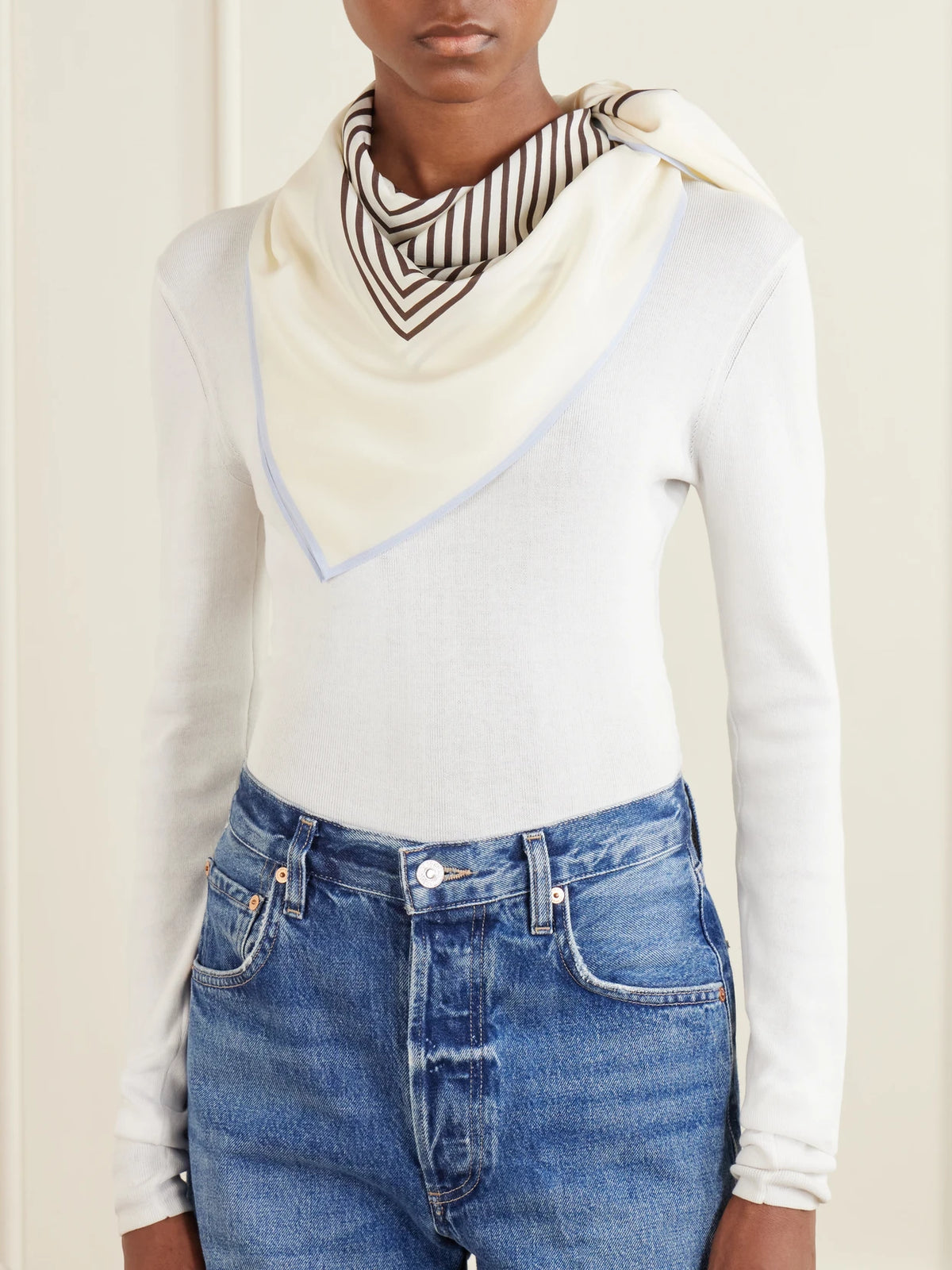 Image of Scarves & Shawls. Product name - Monogram Silk Scarf in Cream colour by brand - TOTEME