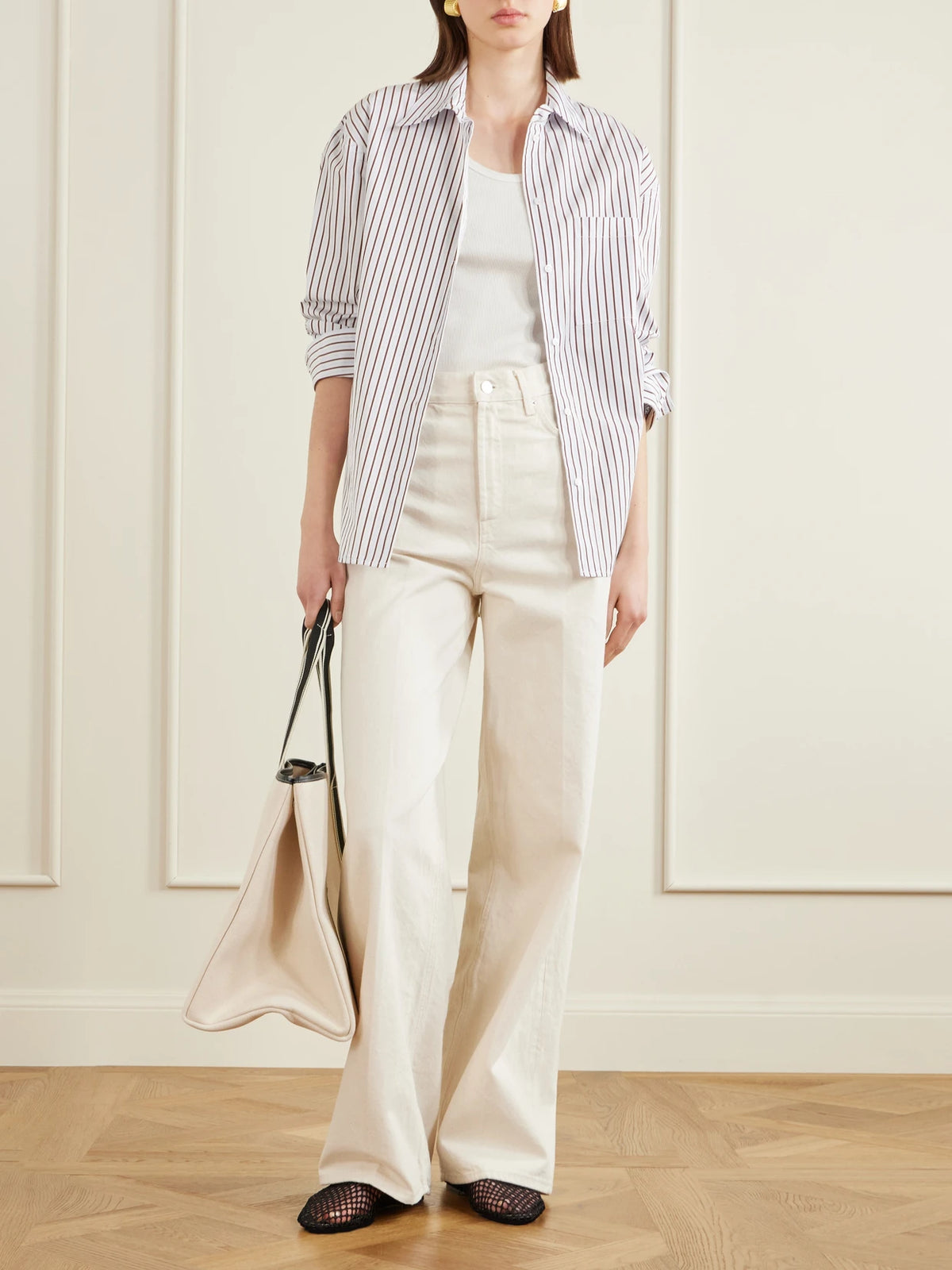 Image of Bags. Product name - Traversée Large Leather-trimmed Canvas Tote in White colour by brand - RUE de VERNEUIL