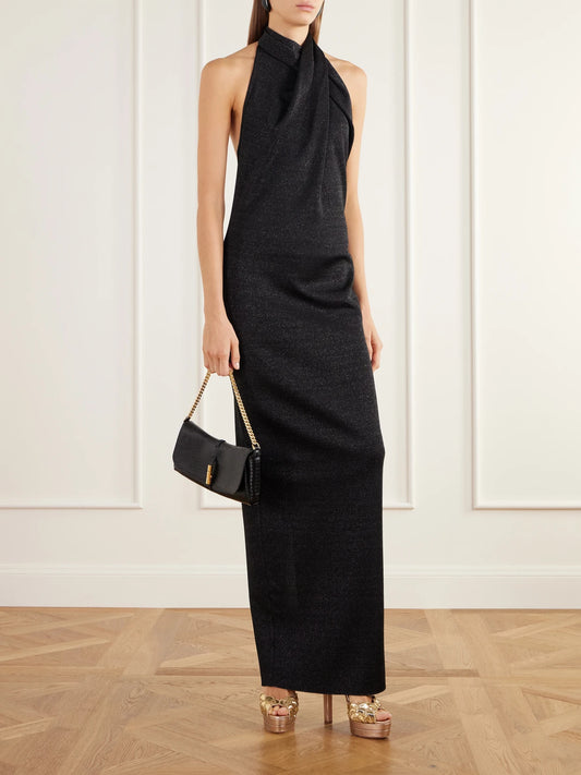 Image of Dresses. Product name - Draped Knitted Halterneck Gown in Black colour by brand - Balmain